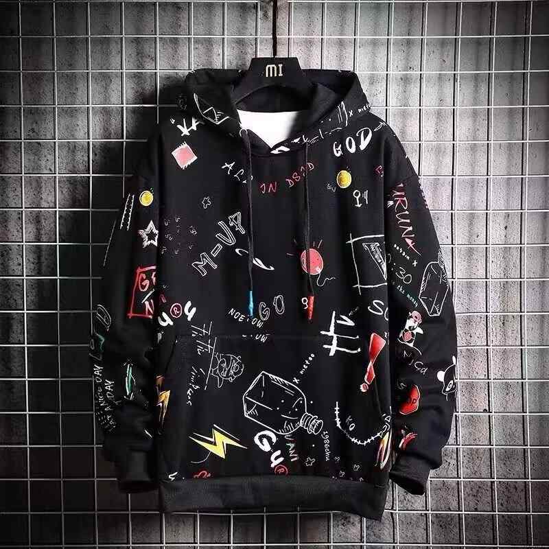 パーカー メンズ プルオーバー フード付き グラフィックプリント ポリエステル 長袖 春秋 10代 20代 黒 白 M L XL 2XL 3XL