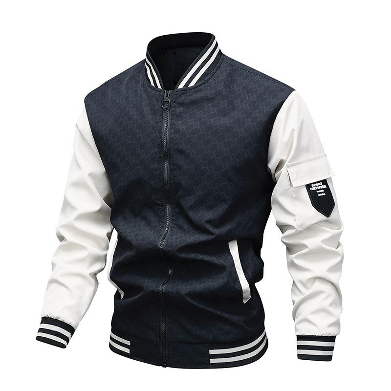 ジャケット メンズ 男性用 薄手 アウター 秋服 立襟 棒球 服 配色 ポリエステル 黒 緑 カーキ 日常着