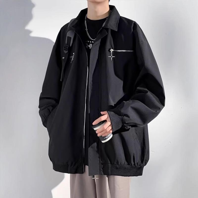 ジャケット 男性用 ブルゾン 春秋 アウター カジュアル 襟付き ポリエステル ブラック系