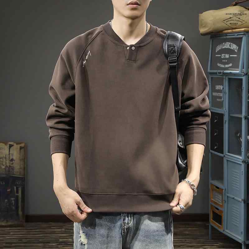 スウェット メンズ ヘンリーネック 秋冬 厚手 コットン混紡 無地 プルオーバー トップス ルーズフィット 深咖色 ダークグレー