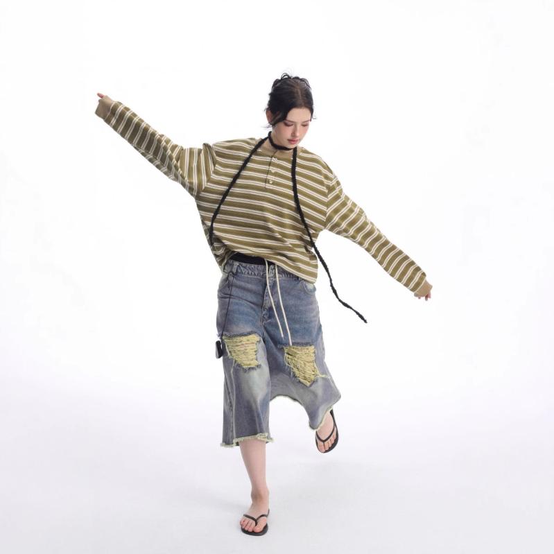 Tシャツ メンズ 長袖 ストライプ プルオーバー カットソー 春 日式 レトロ風 トップス スポーティー カジュアル 普段使い 部屋着 グリーン ブラック