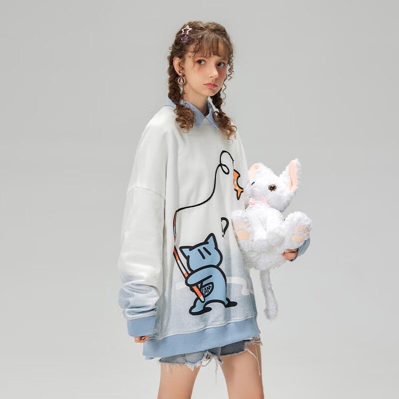 スウェット メンズ 男性用 猫 刺繍 コットン クルーネック プルオーバー トップス 春秋 普段使い ルームウェア(x2)