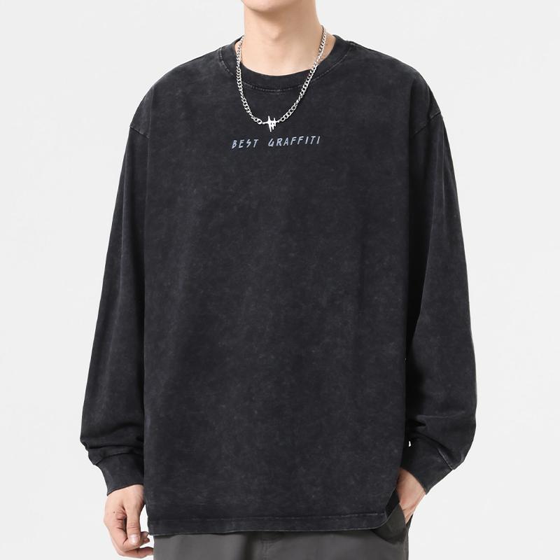 スウェット メンズ 春秋 アメリカンレトロ ウォッシュ加工 ゆったり ラウンドネック 長袖 Tシャツ コットン 黒 コーヒー