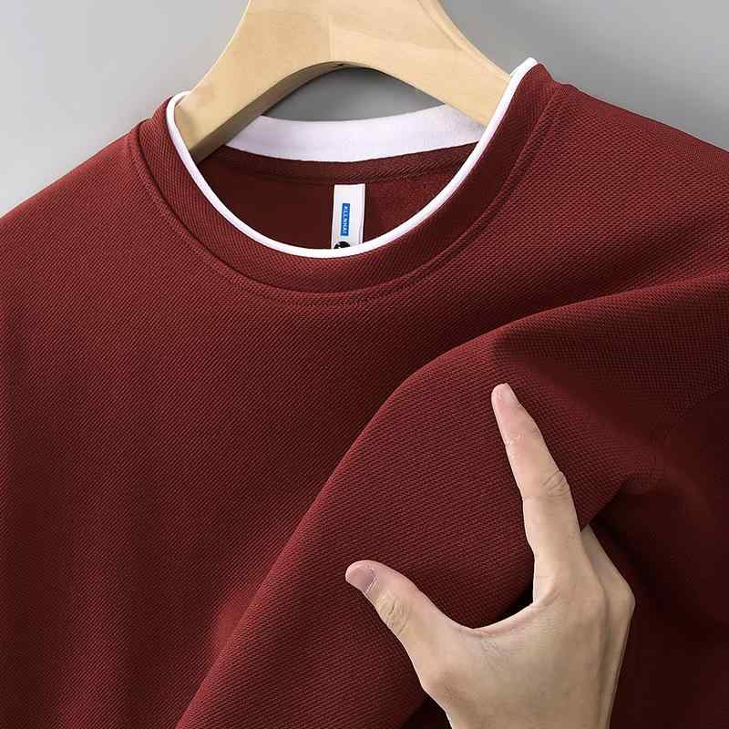 スウェット メンズ トレーナー 秋冬 長袖 丸首 ポリエステル 無地 プルオーバー 320g 撞色 レイヤード風 ドロップショルダー リラックスフィット S M L XL XXL XXXL XXXXL ワインレッド系・スタイル: 韓国版・対...