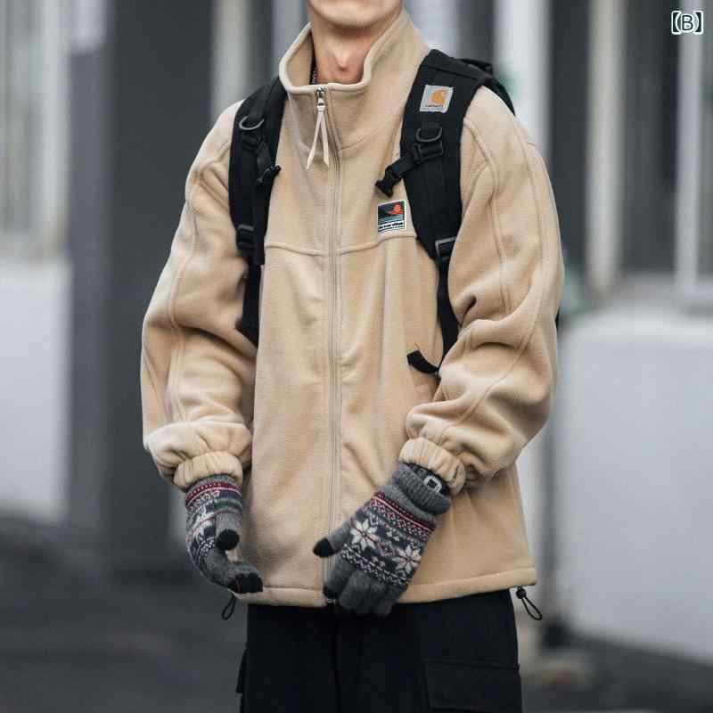 フリースジャケット メンズ 秋冬 立襟 シープボア 港風 カジュアル ジャンパー ブルゾン アウター 男性用 トップス ポリエステル 無地 厚手 暖かい 防寒着 普段使い 3