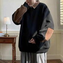 スウェット メンズ 裏起毛 暖かい 防寒 秋冬 POLO襟 トレーナー プルオーバー 配色 切り替え 長袖 トップス 大きいサイズ ゆったり ビッグシルエット