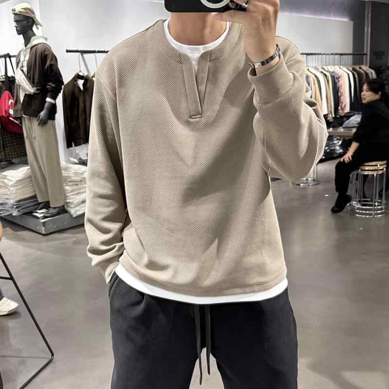 スウェット メンズ 長袖 冬 厚手 ラウンドネック トレーナー 切り替え 宽松 ゆったり 無地 ブラック カーキ ポリエステル