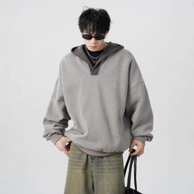 パーカー メンズ 男性用 ニット 切り替え フード付き プルオーバー 秋冬 Vネック リラックスフィット 長袖 ポリエステル 部屋着 普段使..