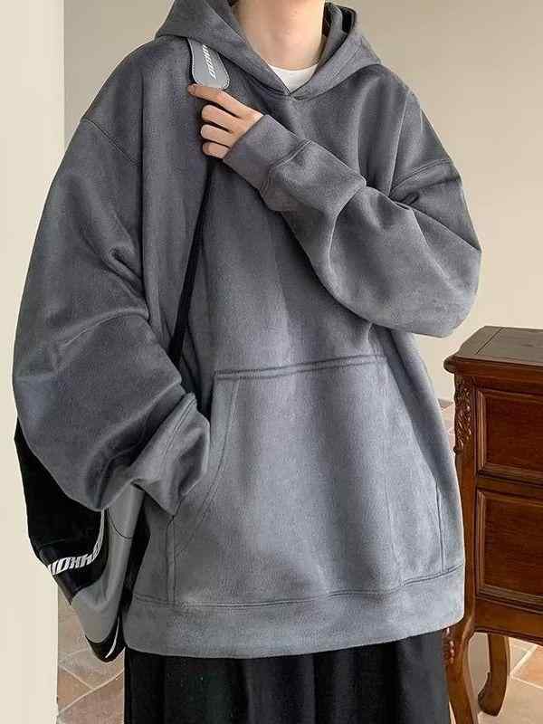 パーカー メンズ 男性用 スエード調 フーディ プルオーバー 長袖 トップス 春秋 グレー 黒 カーキ アプ..