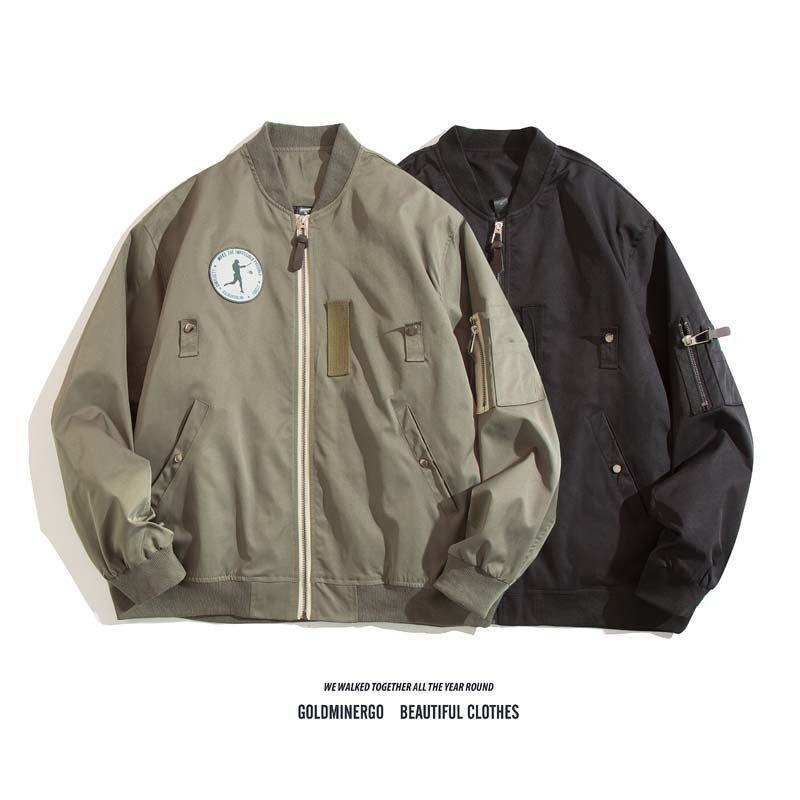 ジャケット メンズ 男性用 スタジャン レトロ パッチワーク カジュアル ゆったりサイズ ブルゾン 春物 アウター ブラック 黒 カーキグリーン 綿混紡