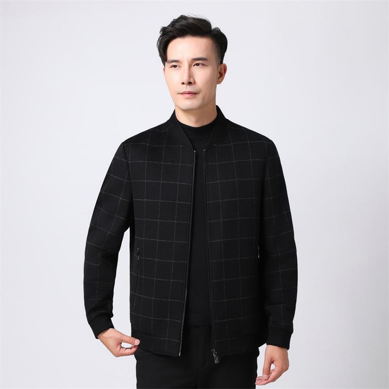 ジャケット メンズ 男性用 野球襟 チェック柄 ウール混 アウター 秋物 カジュアル 紳士服 サイドポケット 長袖 黒 ブラック系