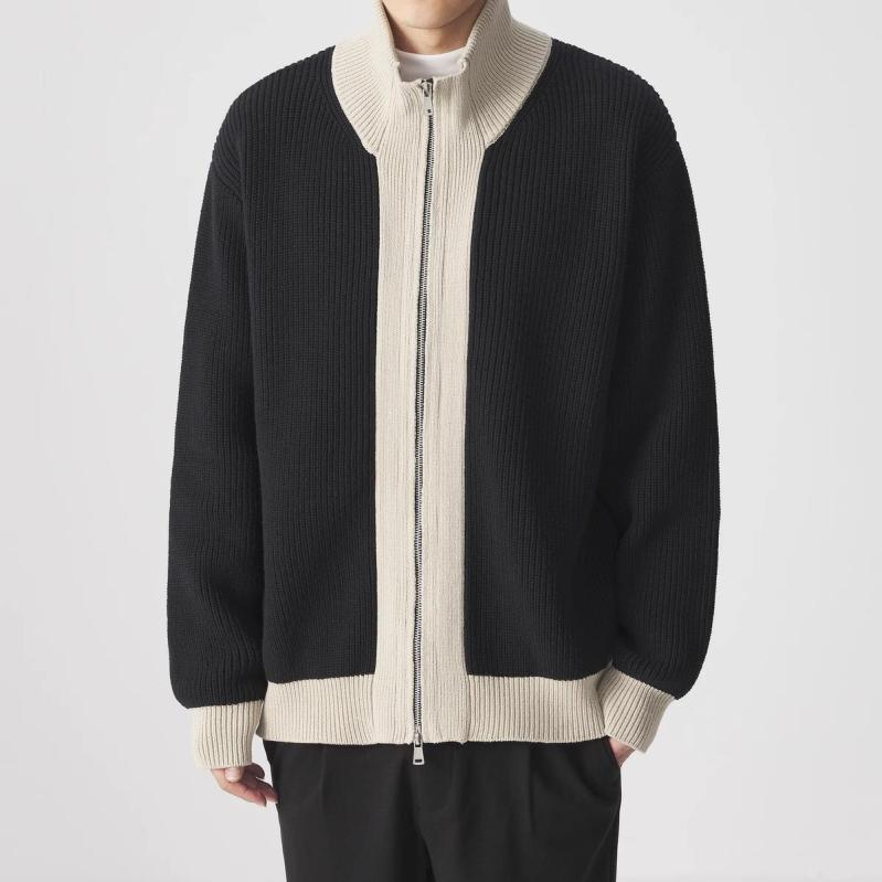 ニット ジャケット 男性用 秋冬 暖か 立襟 フルジップ アウター 普段使い 耐摩耗 ブラック 花グレー