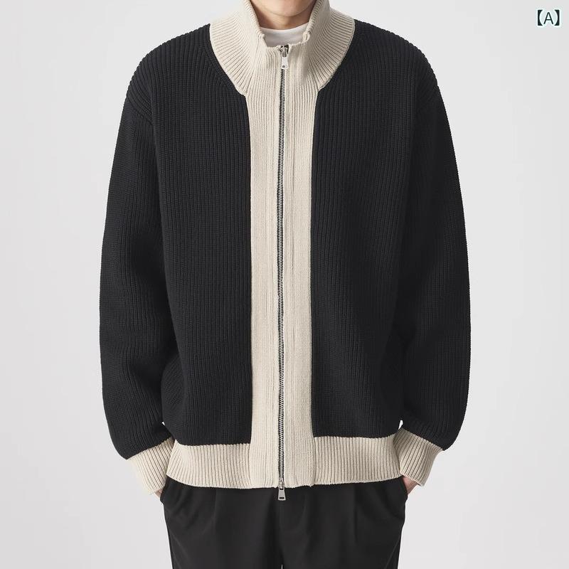 ニット ジャケット 男性用 秋冬 暖か 立襟 フルジップ アウター 普段使い 耐摩耗 ブラック 花グレー