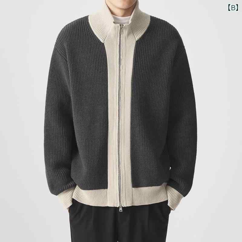 ニット ジャケット 男性用 秋冬 暖か 立襟 フルジップ アウター 普段使い 耐摩耗 ブラック 花グレー