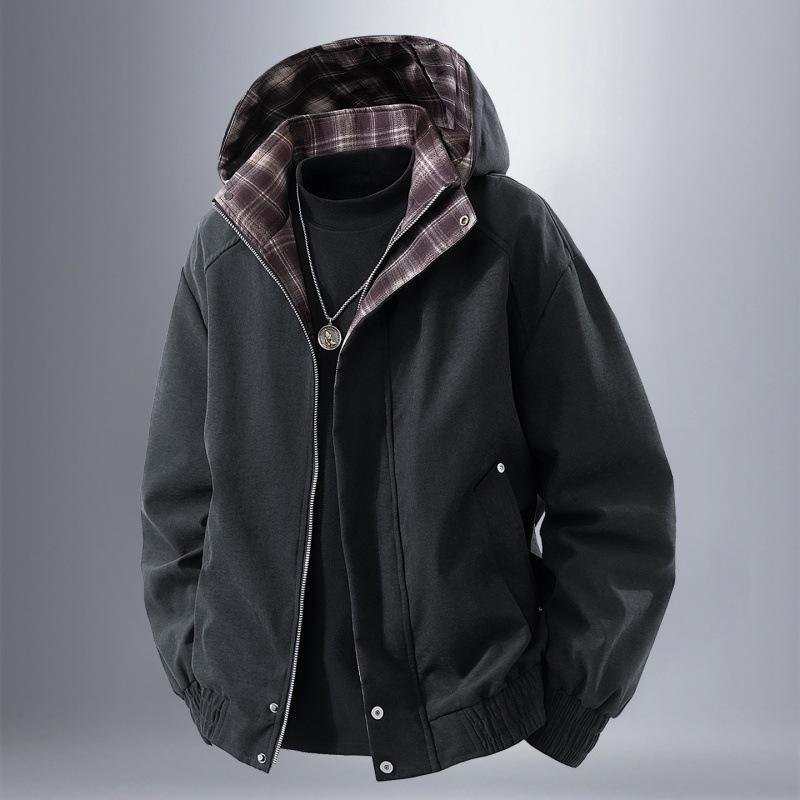 ジャケット メンズ 男性用 春秋 アウター カジュアル ゆったり 無地 スタンドカラー ブルゾン ジャンパー 上着 羽織り 黒 ブラック グレー カーキ ポリエステル