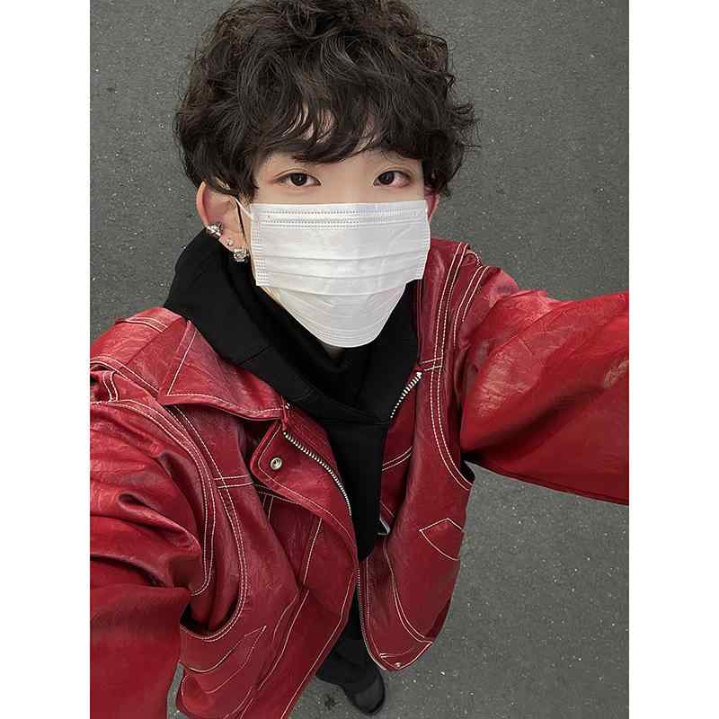 ジャケット 男性用 レッド ブラック ドロップショルダー ルーズ ショート丈 ブルゾン 春秋 薄手