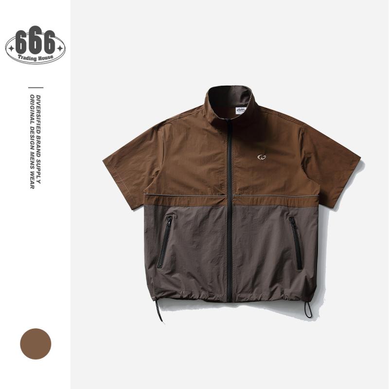 ジャケット メンズ 男性用 アウトドア ウェア レトロ 切り替え 立襟 防風 半袖 アウター 普段使い カーキ