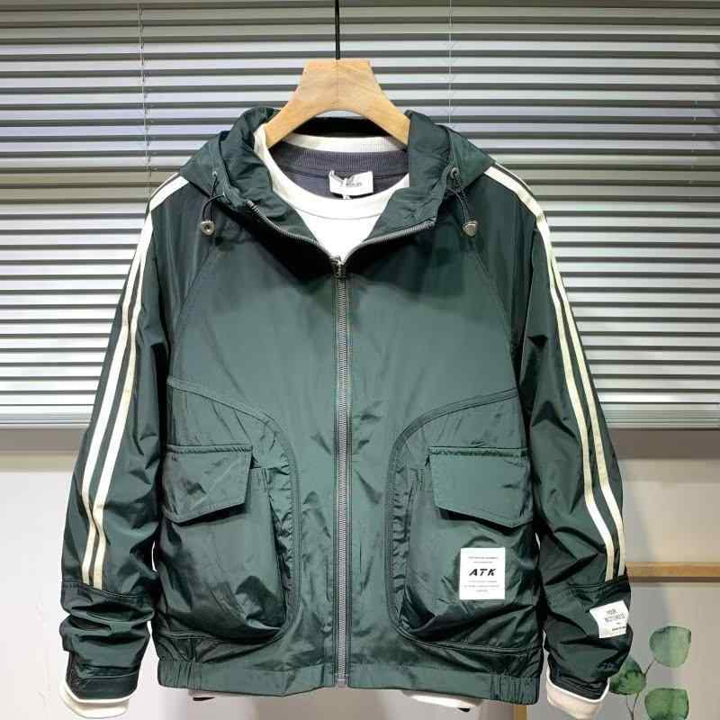 ジャケット メンズ ストライプ 切り替え フード付き 春秋 韓国 スリムフィット ゆったり 多用途 ワーク ブラック グリーン ポリエステル 長袖