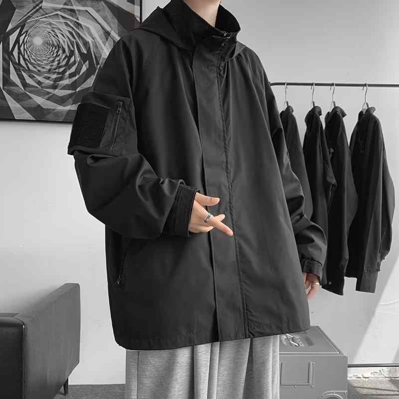 ジャケット メンズ 男性用 春秋 撥水 防風 フード付き ブルゾン ゆったりシルエット ミリタリー ブラック カーキ(4)