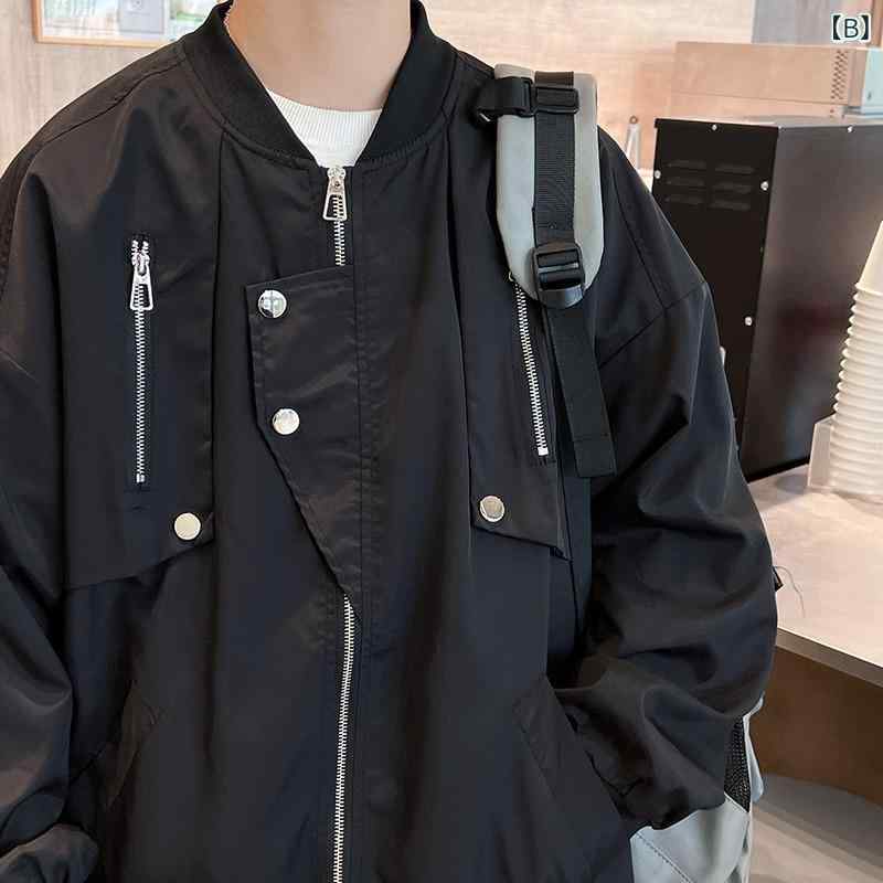 ジャケット メンズ 男性用 防風 アウター ワーク ストリート カジュアル ウェア ブルゾン ジャンパー 立ち襟 多ポケット 無地 ポリエステル 春秋冬 ブラック系(x2)