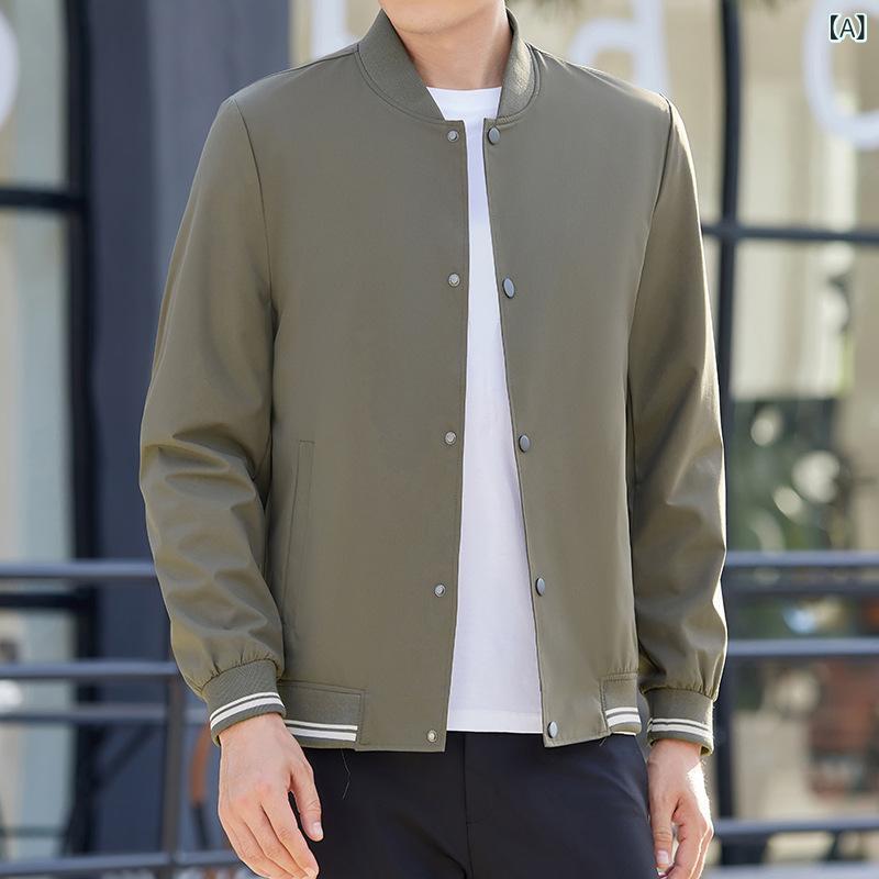 ジャケット 男性用 ブルゾン ミドルエイジ スタンドカラー 無地 ボタン 留め 薄手 アウター 普段使い 伸縮性 ポリエステル カーキ ブルー ブラック