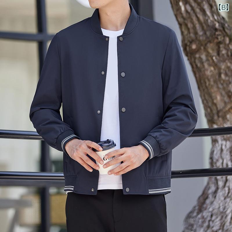 ジャケット 男性用 ブルゾン ミドルエイジ スタンドカラー 無地 ボタン 留め 薄手 アウター 普段使い 伸縮性 ポリエステル カーキ ブルー ブラック