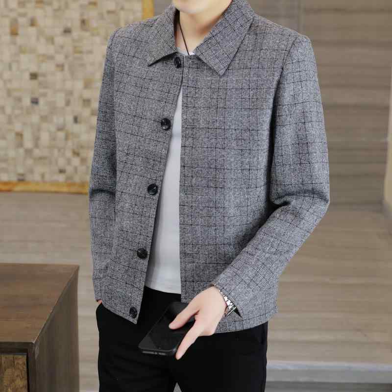 ジャケット メンズ 男性用 チェック柄 襟付き スタイリッシュ スリムフィット 韓国 トップス 長袖 グレー 茶色