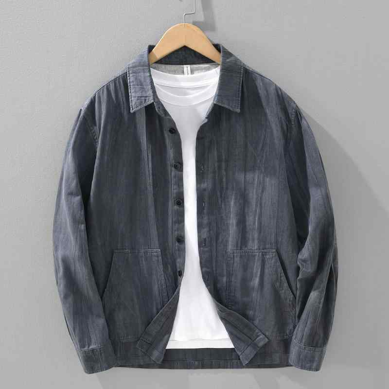 Outdoor Wear - ジャケット 男性用 麻 リネン カジュアル 若者 翻襟 ライトアウター トップス 長袖 春秋 グレー 杏グリーン コーヒー色