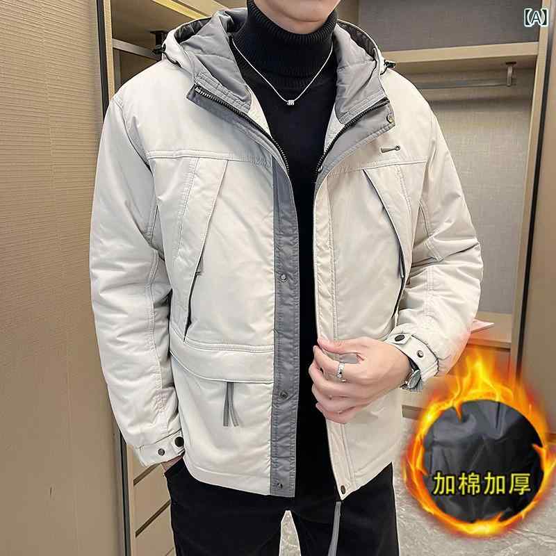 ジャケット メンズ 男性用 秋冬 ブルゾン ジャンパー カジュアル 拼色 切り替え フード付き 大きいサイズ 裏起毛 厚手 防寒 ブラック系・素材: 聚乙烯醇繊維（维纶）,莱カ・カテゴリ: 尼克服・スタイル: 流行・シルエット: スリム・フード: あり・厚さ: 厚手・柄: 拼色・対象: メンズ,成人・袖丈: 長袖・カラー: 米グレー,ブラック・サイズ: M,L,XL,2XL,3XL,4XL