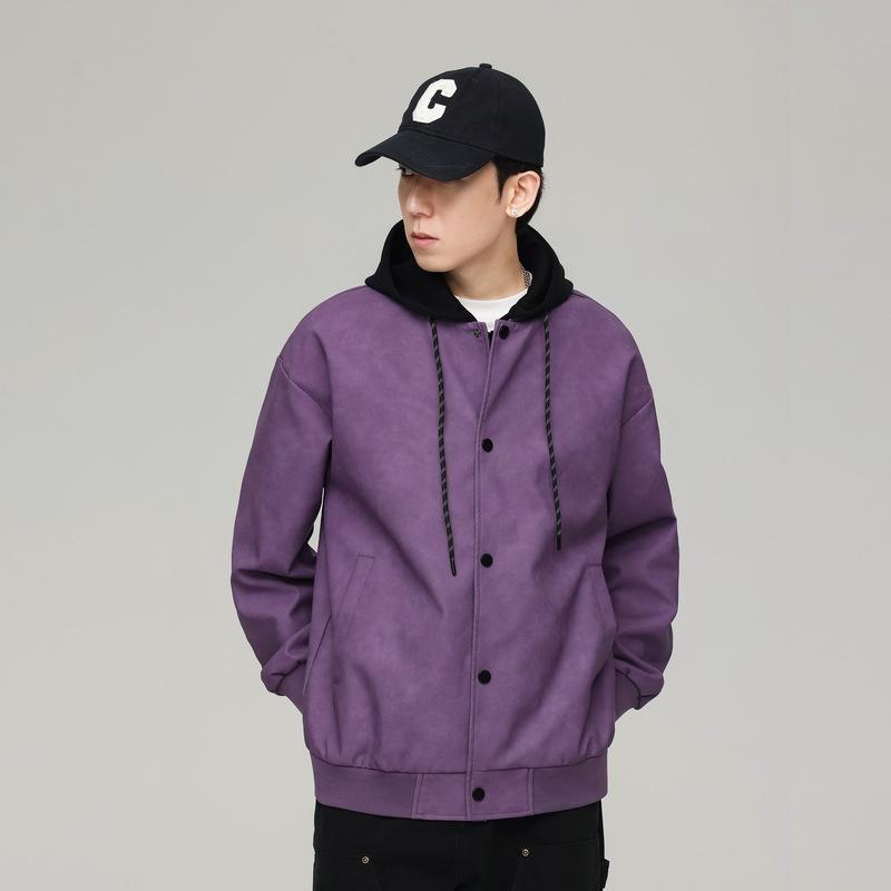 ジャケット メンズ 男性用 UPUレザー ブルゾン 春秋 カジュアル リブ 裾 フェイクレイヤード スタンドカラー ライトアウター ブラック パープル グリーン