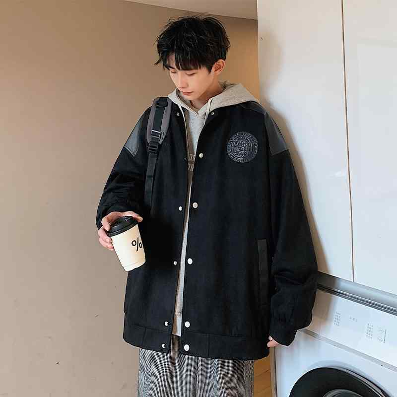 ジャケット メンズ 男性用 スタジアムジャンパー ブルゾン 春秋服 ブラック 黒 切り替え 配色 刺繡 ポケット ポリエステル スエード 普段使い
