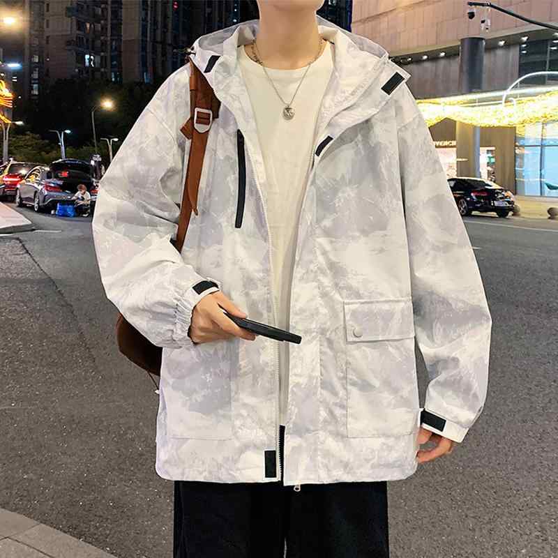 ジャケット メンズ 男性用 港風 プリント 防風 アウター ブルゾン 春秋 ポリエステル スポーティー 雪山白 茶色