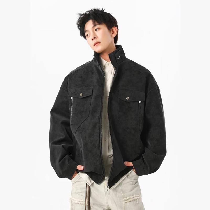 ジャケット 男性用 PUレザー ブルゾン 美式レトロ ライダース バイク スタンドカラー アウター トップ..