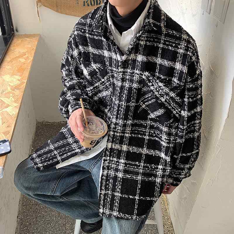 ジャケット メンズ 格子柄 春秋 アウター ネルシャツ風 韓国 黒 長袖 ポリエステル ポケット(x2)