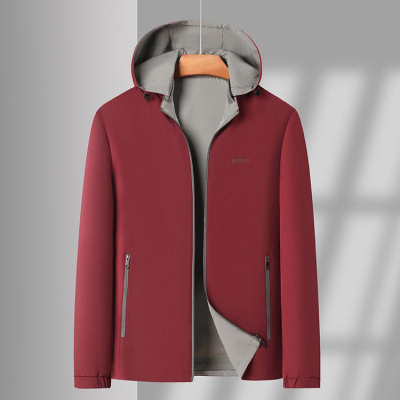 ジャケット 男性用 春秋 薄手 赤 フード付き リバーシブル アウター 紳士服 カジュアル トップス ポリエステル ブラック カーキ ネイビー M L XL 2XL 3XL 4XL