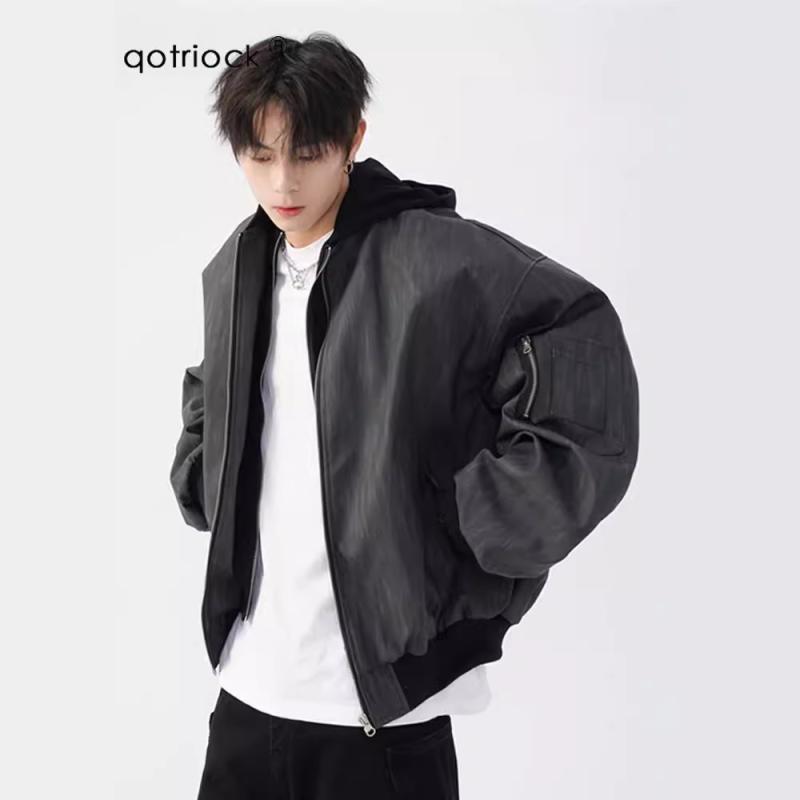 ジャケット メンズ 男性用 スタジャン ブルゾン 秋冬 長袖 防風 撥水 無地 フード付き 黒 ブラック グレー ゆったり ルーズ カジュアル ストリート