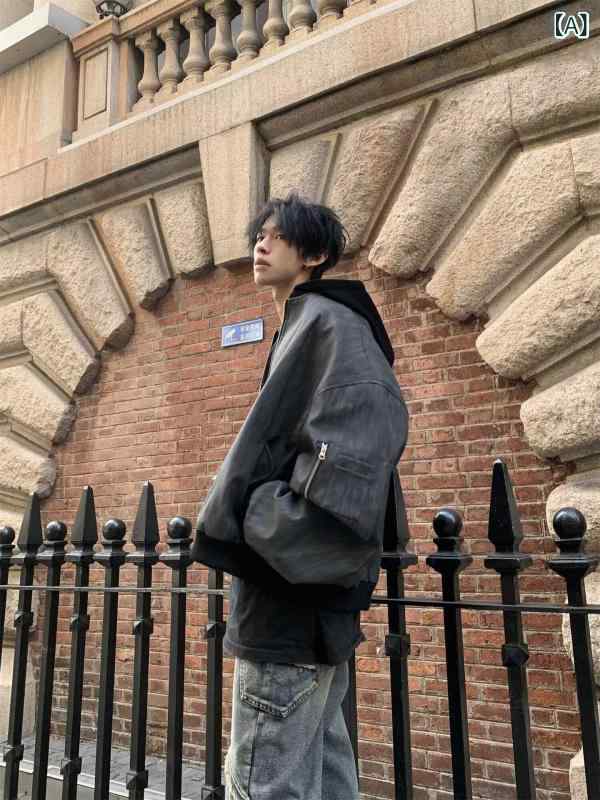 ジャケット メンズ 男性用 スタジャン 春秋 PUレザー ード 切り替え 配色 ライトアウター スポーティ カジュアル ストリート(x2)