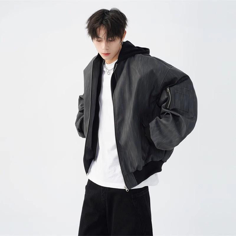 ジャケット メンズ 男性用 春秋 ブルゾン PUレザー 野球 カジュアル ゆったり グレー ポリエステル