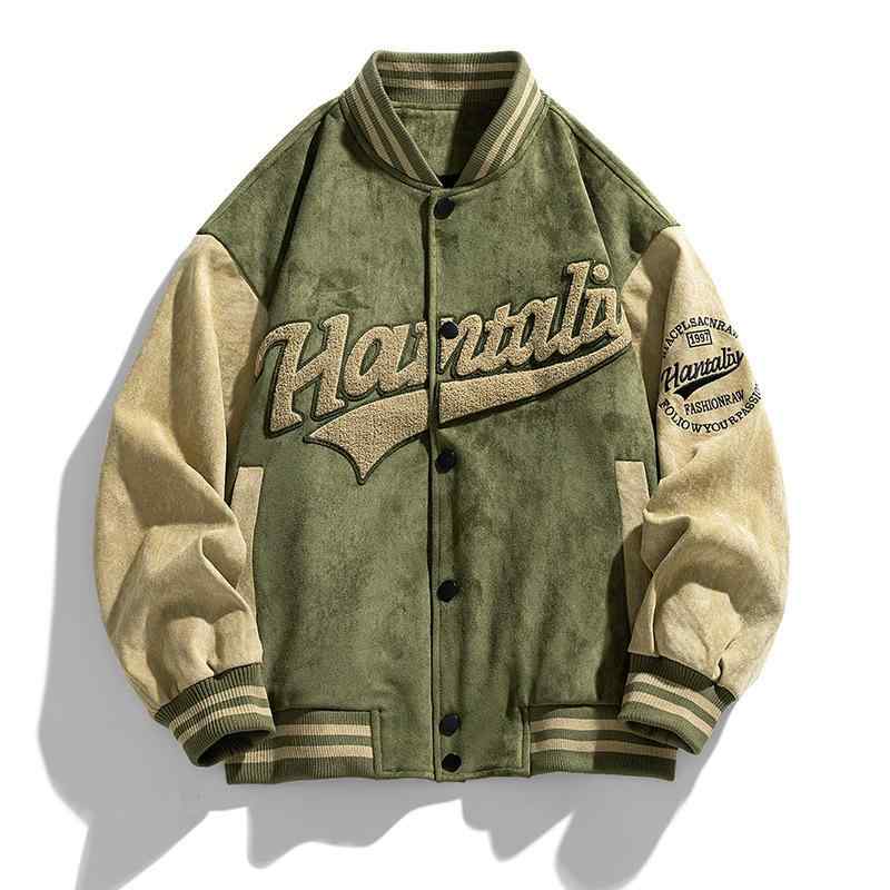 ジャケット メンズ 男性用 スエード ブルゾン 野球服 スタジャン 春秋 アウター ゆったり ミリタリー ブラック系 配色 長袖・商品カテゴリ: ジャケット・素材機能: 通気性.防風・スタイル: ストリート・対象年齢層: 18-24歳・襟型: ノーカラー・フィットタイプ: ルーズ・フロント: シングルブレスト・フード: なし・・柄: 配色・誤差: 1-3cm・対象: 青少年・生地: 化学繊維混紡・メイン素材: ポリエステル繊維（ポリエステル）94%・裏地: ポリエステル繊維（ポリエステル）・適用シーン: カジュアル・ディテール: 配色・裾のデザイン: ラウンドヘム・加工技術: 刺繍・着丈: レギュラー・ポケット: シームポケット・着用方法: アウター・袖丈: 長袖・カラー: アーミーグリーン.ブラック・サイズ: M.L.XL.XXL.XXXL.XXXXL・袖のタイプ: ドロップショルダー・対象: 成人.男性
