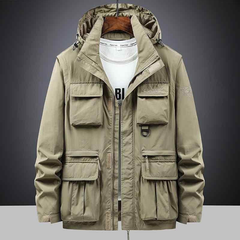 Wear - ジャケット メンズ 取り外し可能袖 春秋 アウトドア 防風 多ポケット ブルゾン ワーク ウェア カジュアル 立襟 ブラック カーキ アーミーグリーン(x2)