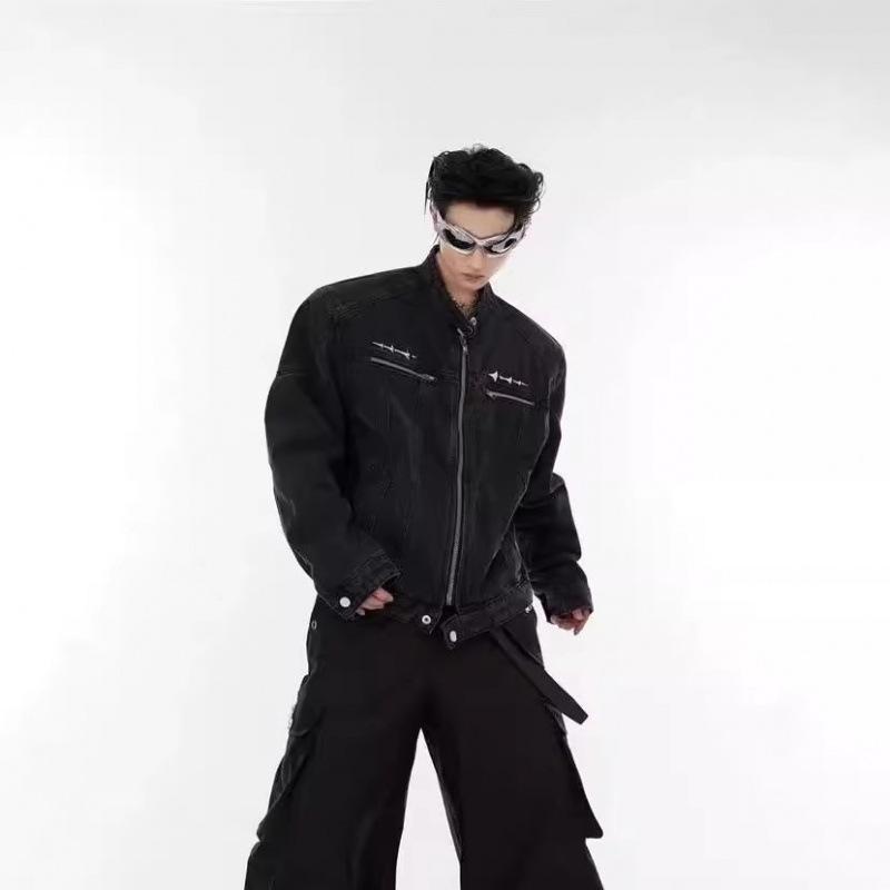 ジャケット 男性用 水洗い加工 デニムジャケット Gジャン ルーズフィット メタル ノーカラー ブルゾン ブラック ブルー