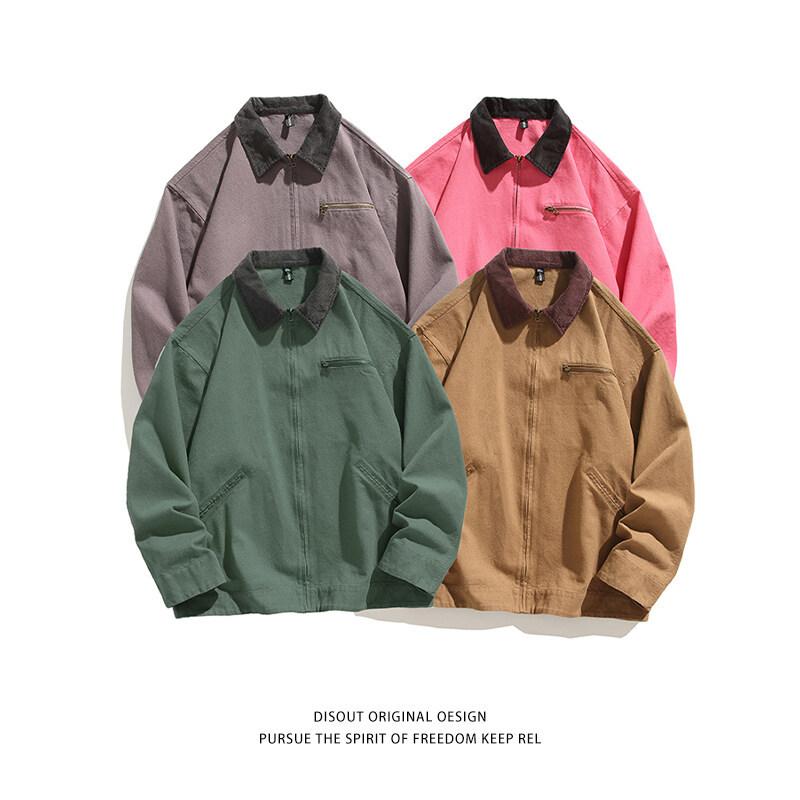 ジャケット メンズ 男性用 配色 長袖 襟付き ブルゾン 大きいサイズ ゆったりサイズ 綿混紡 春秋 グレー ピンク系 カーキ ブルーグリーン(x2)