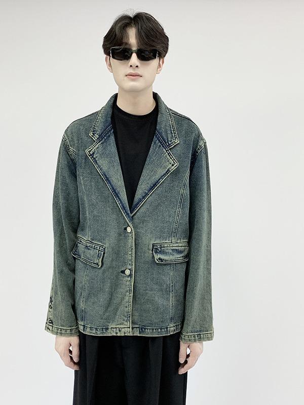 ジャケット メンズ デニム ウォッシュド加工 レトロ ルーズフィット Gジャン ブルゾン コットン 港風 カジュアル アウター 立体ポケット ブルー(x2)