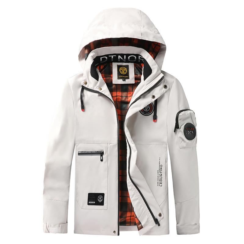 ジャケット メンズ アウター 春秋 フード付き パーカー ブルゾン 無地 カジュアル ミリタリー 撥水 防風 ジャンパー アウトドアウェア 白 黒 赤 紺 カーキ ポリエステル