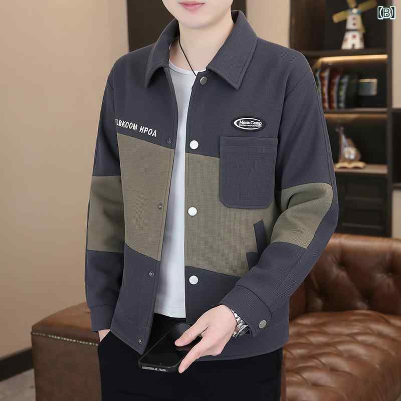 ジャケット 男性用 ブルゾン 秋冬 防風 若者 襟付き ゆったり 厚手 無地 ボタン 飾り サイドポケット ポリエステル混紡 ベージュ グレー ブラック M L XL 2XL 3XL 4XL 3