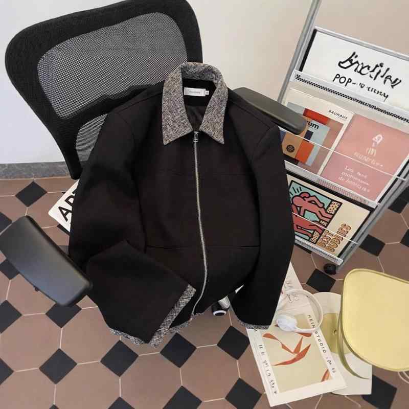 ジャケット メンズ 男性用 アウター 配色 襟付き ゆったり 春秋 ポリエステル 黒