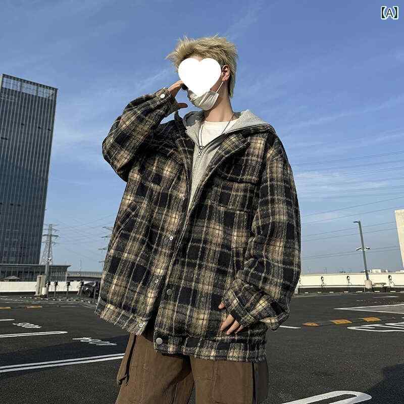 ジャケット メンズ 男性用 チェック柄 ウール アウター フード付き 春秋 薄手 カジュアル