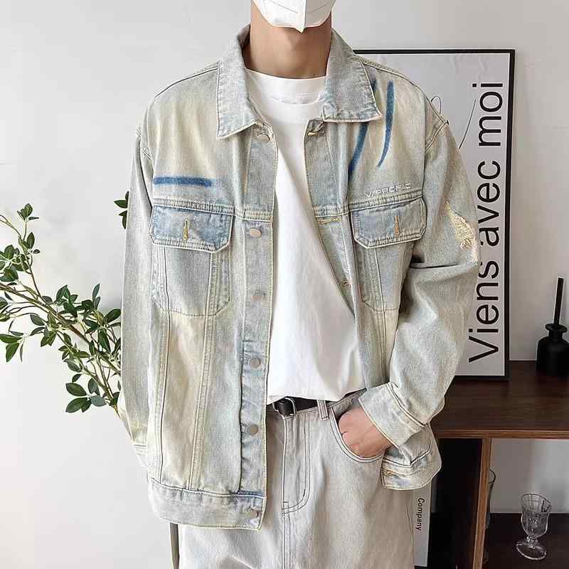 デニムジャケット メンズ ルーズフィット Gジャン ブルゾン 綿 防風 多ポケット サイドポケット 泥黄色 ゆったりサイズ 四季