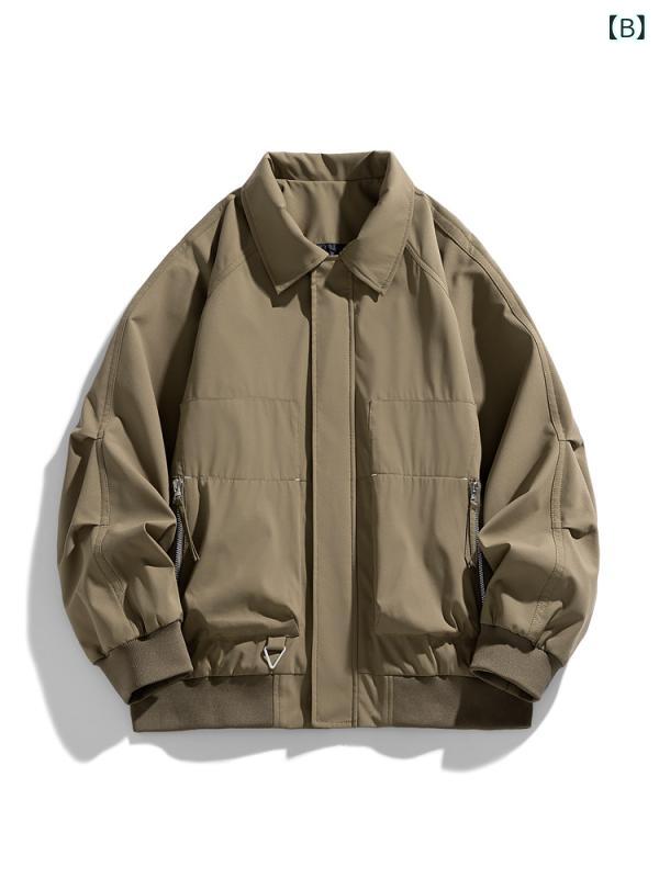 ジャケット メンズ 男性用 春秋 ブルゾン スタジャン ミリタリー ワーク アウター トップス 羽織り リブ 襟付き 無地 ゆったりめ 大きいサイズ 杏色 ブラウン パープル ブラック