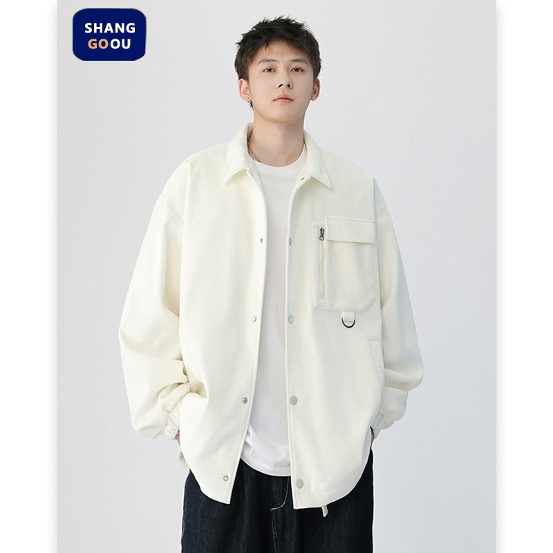 Outdoor Wear - ジャケット メンズ 男性用 長袖 カジュアル ワークシャツ ブルゾン 普段使い 通気性 耐摩耗性 ポリエステル ブラック ホワイト コーヒー色